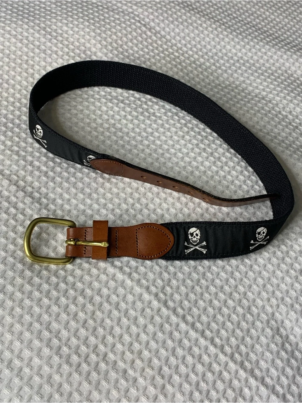 Leather Man Ltd. Jolly Roger black belt with Scull print and brown leather trim